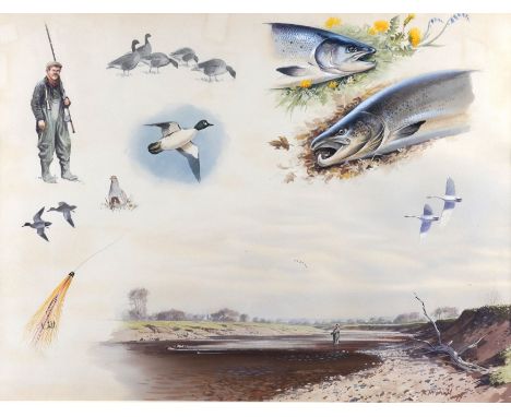 RODGER MCPHAIL (BRITISH, B. 1953)Self-portrait with birds and fish
signed 'R. McPhail' (lower right)
watercolour
45.5 x 60cm
