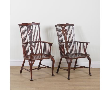 A MATCHED PAIR OF 18TH CENTURY AND LATER THAMES VALLEY COMB BACK ASH AND ELM WINDSOR CHAIRS (2)The largest, 69cm wide; 108cm 