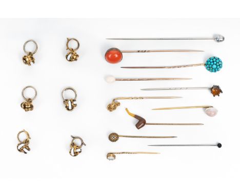 ELEVEN STICK PINS AND SIX BUTTONS (17)Including; a turquoise cluster stick pin, a stick pin having a pipe finial, a tick pin 