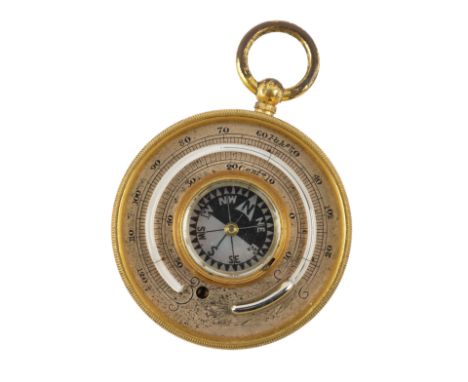 A MULTI FUNCTION GILT METAL CASED TRAVELLING BAROMETER/COMPASS/THERMOMETER (2)One side with a silvered dial with Arabic numer