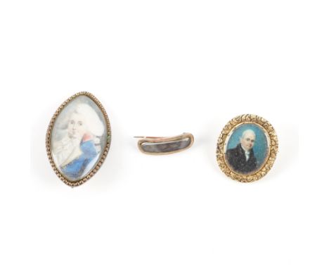 TWO PORTRAIT MINIATURE BROOCHES AND A MOURNING BROOCH (3)Comprising; a gilt metal mounted marquise shaped brooch, glazed with