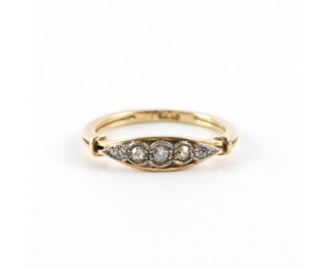 A GOLD AND DIAMOND FIVE STONE RINGMounted with a row of graduated old cut cushion shaped diamonds, detailed 18 C, ring size K