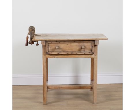 A SPANISH ELM SINGLE DRAWER SIDE TABLE (2)85cm wide; 62cm deep; 76cm high, and a mounted vintner brass corkscrew wine opener,