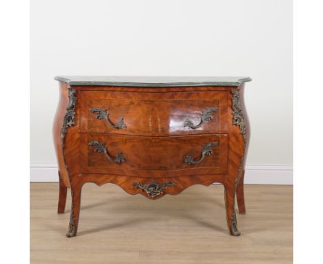 A LOUIS XV STYLE MARBLE TOP COMMODEWith gilt metal mounted inlaid walnut bombe two drawer base, 123cm wide; 53cm deep; 88cm h