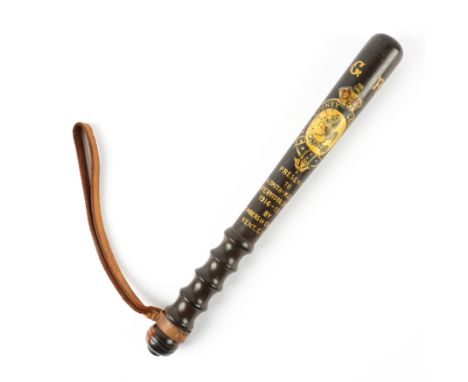 A LIGNUM-VITAE GILT-DECORATED PRESENTATION TRUNCHEONCirca 1929/30
Of typical form, with gilt inscription presented to 'W.A.SM