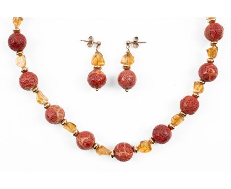 A CORAL AND AMBER NECKLACE WITH A MATCHING PAIR OF EARRINGS (3)Designed as a row of coral beads, alternating with semi-transl