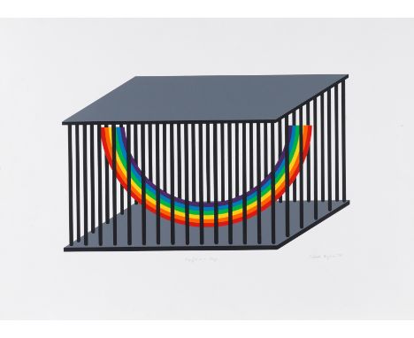 PATRICK HUGHES (BRITISH, B. 1939)Caught in a Cage
signed, titled and dated 'Patrick Hughes 74' (in lower margin); inscribed '