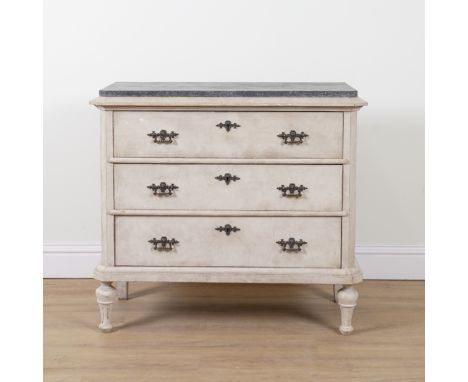 A SWEDISH PAINTED THREE DRAWER COMMODEWith faux painted slate top, 98cm wide; 49cm deep; 89cm highEarly 20th century with lat