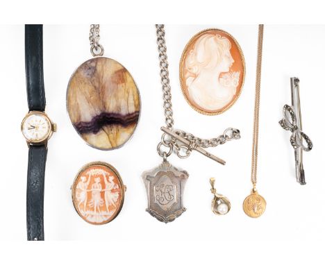 TWO 9CT GOLD MOUNTED SHELL CAMEO BROOCHES AND SIX FURTHER ITEMS (8)The larger cameo carved as the portrait of a lady with flo
