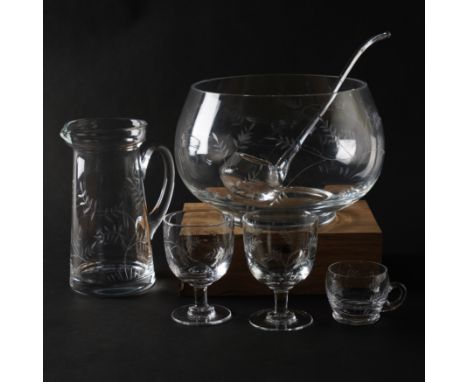 WILLIAM YEOWARD: A GROUP OF 'WISTERIA' PATTERN COUNTRY RANGE DRINKING GOBLETS INCLUDING A PUNCH BOWL AND CUPS WITH A LADLE (2