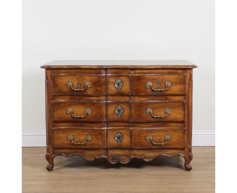 DE TONGE; AN 18TH CENTURY STYLE FRENCH WALNUT THREE DRAWER SERPENTINE COMMODE126cm wide; 60cm deep; 87cm highGood overall con