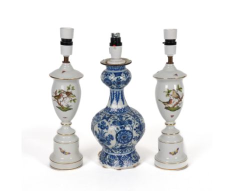 A DUTCH DELFT BLUE AND WHITE BALUSTER VASE  ADAPTED AS TABLE LAMP (3)18th Century 
With octagonal foot, 29cm high (excluding 