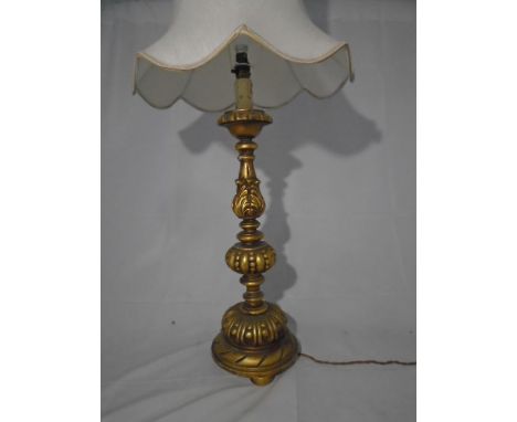 A gilt Ecclesiastical style table lamp with shade, height of lamp 68cm