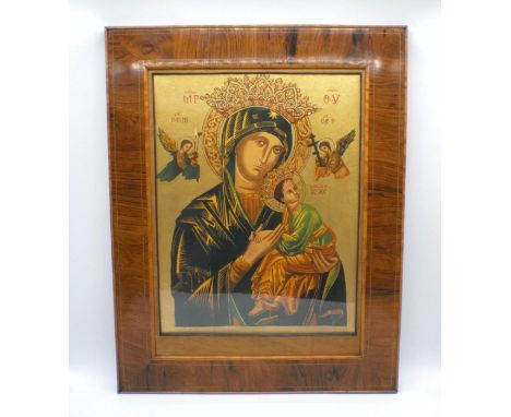 A rosewood framed overpainted print of a Russian religious icon, 76cm x 60cm.