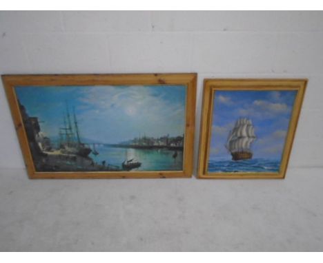 A framed oil painting on board of a sailing ship at sea, signed Ambrose (overall size 68cm x 60cm), along with a framed print