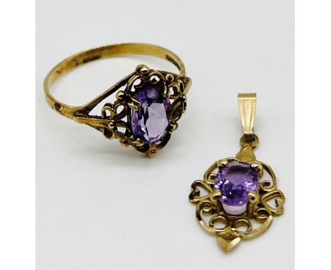 A 9ct gold amethyst ring with matching pendant