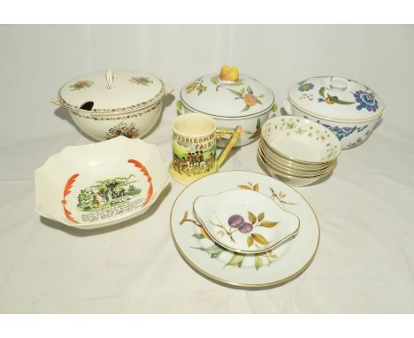 A quantity of ceramics including a Widdicombe Fair musical jug, Royal Doulton, Royal Worcester, Crown Devon etc.