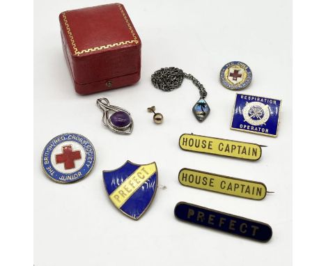 A collection of vintage enamelled Prefect and House Captain badges, silver pendants, ring boxes etc.