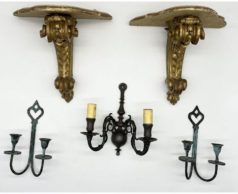 A pair of gilt wall shelves/brackets along with three wall mounted candelabra 