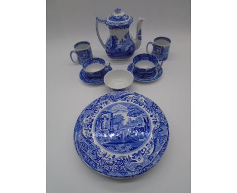 A collection of Spode Blue Italian including coffee pot, two mugs, two cups and saucers, three dining plates, sandwich divide