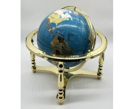 A large gemstone globe on brass stand with inset compass - height 42cm