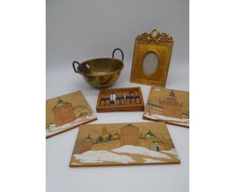 Three Russian poker work panels, signed to reverse, a Russian abacus, brass two handled bowl and an ornate photo frame