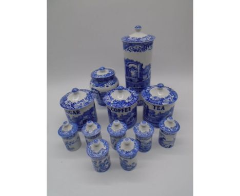 A collection of five Spode Blue Italian cannisters including pasta jar, tea, coffee and tea jars (one lid chipped) and storag