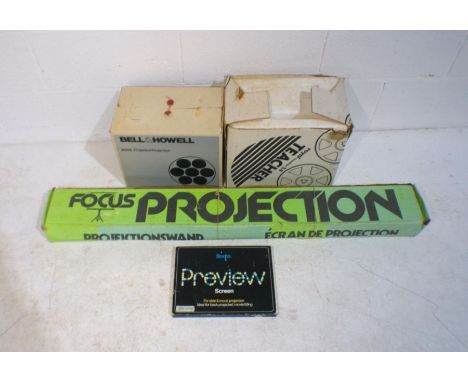 A boxed Bell &amp; Howell 20XSL projector along with a Royal Teacher S8, a boxed Focus projection screen stand and a Boots pr