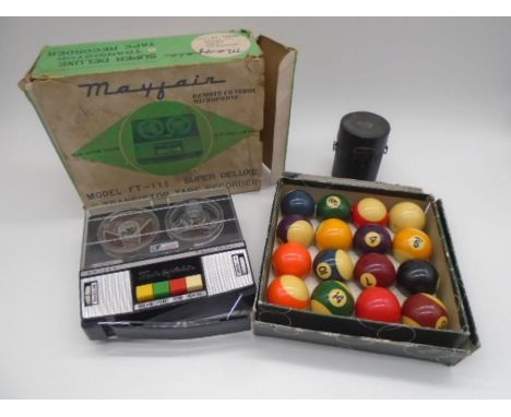 A boxed Mayfair super deluxe 5 transistor tape recorder (Model FT-111), along with a boxed set of vintage pool balls and case