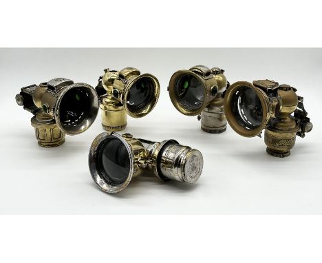 A collection of five vintage carbide lamps including a Miller Cetolite Acetylene Gas Lamp, Lucas etc. 