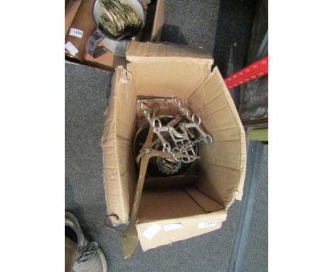 A box containing scales, copper lamp base, etc      