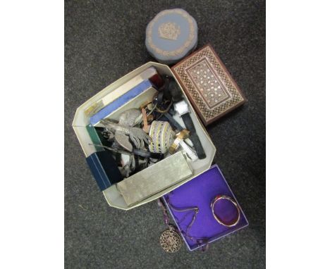 A box containing watches, cockerel figures, Wedgwood  lidded pot etc