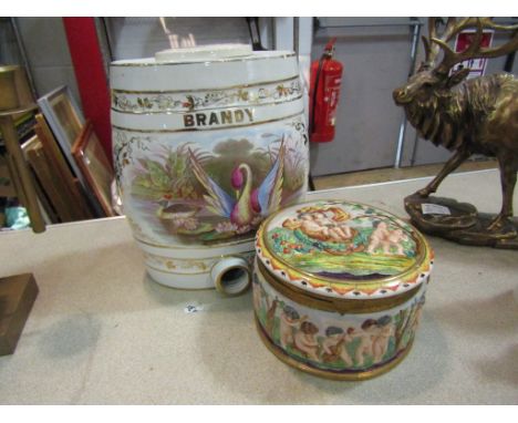 A ceramic Brandy barrel and Spanish ceramic lidded container (2)