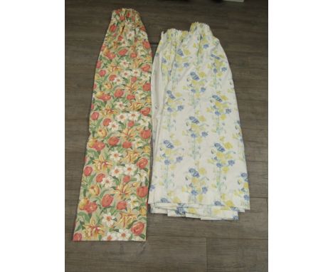 Two pairs of Laura Ashley curtains, tulip pattern and blue and yellow floral
