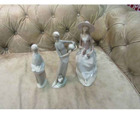 A Lladro figurine, woman with dog together with a Nao figurine a/f, woman with vase and jug, also a Lladro style figurine  (3