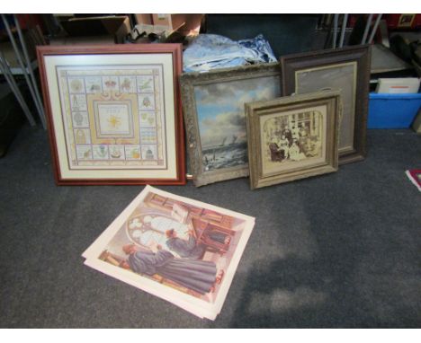 Various pictures and prints including sailboat a Millenium tapestry and a quantity of loose prints