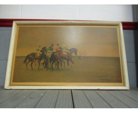 After Alfred Munnings, oleograph print depicting a horse racing meet, framed, 43cm x 75cm