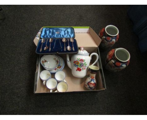 Three Oriental vases, a ceramic ice bucket in an oak bound surround with crested plaque, chamber pot, etc