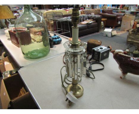 A 1920's table top lamp base with glass droplets, no shade