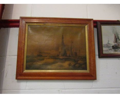 A seascape picture with galleons and lighthouse upon the rocks, in maple frame