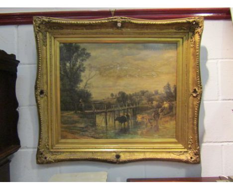 A highly ornate gilt frame with distressed oleograph of cattle crossing a river, frame 75cm x 85cm