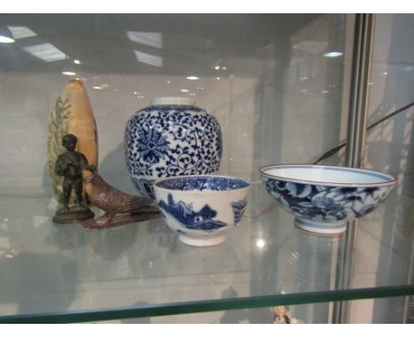 Oriental wares, resin scrimshaw and two figures including pigeon (6)