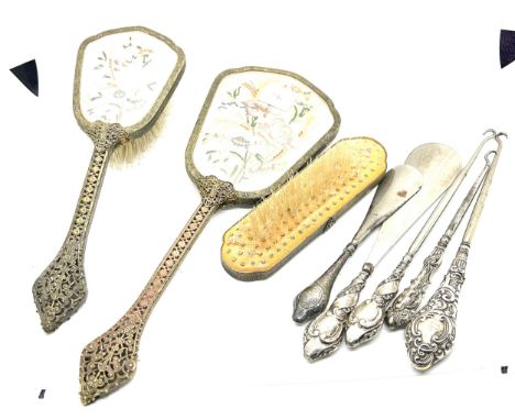 Antique silver handle shoe horns/ button hooks and petit point vanity set 