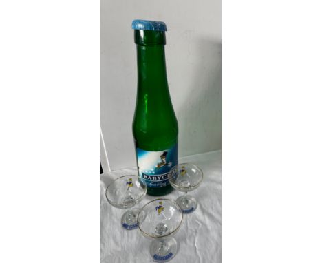 Vintage large baby Cham glass bottle and three baby Cham glasses - glass bottle measures approx 17 inches tall 