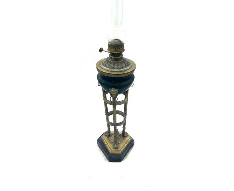 Victorian brass base oil lamp with lion knocker design, with funnel, height approximately 