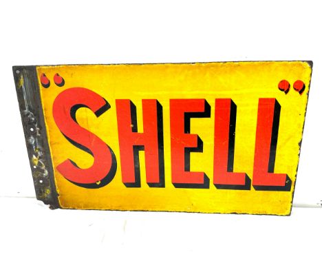 Vintage Shell Double sided enamel advertising sign measures approximately 26 inches by 15 inches tall 