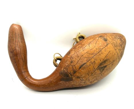 Antique 19th century scraffitto napoleon decorated gourd driking flask 