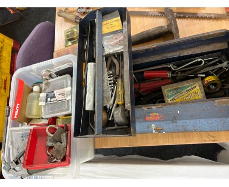 Selection of tools includes tool box, saws, hammer, bolster, nuts bolts screws etc 
