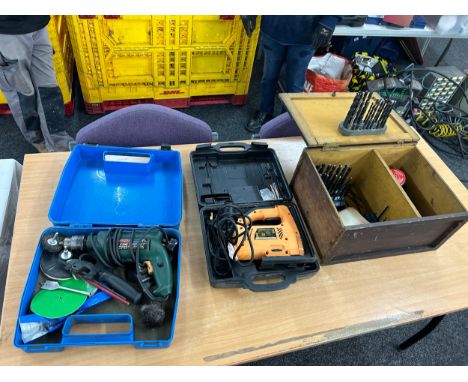Seelction of power tools includes bosch csv550, jcv Jigsaw, and a selection of drill bits etc 