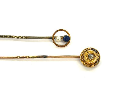 2 x 15ct gold topped antique gemstone and pearl stick pins 